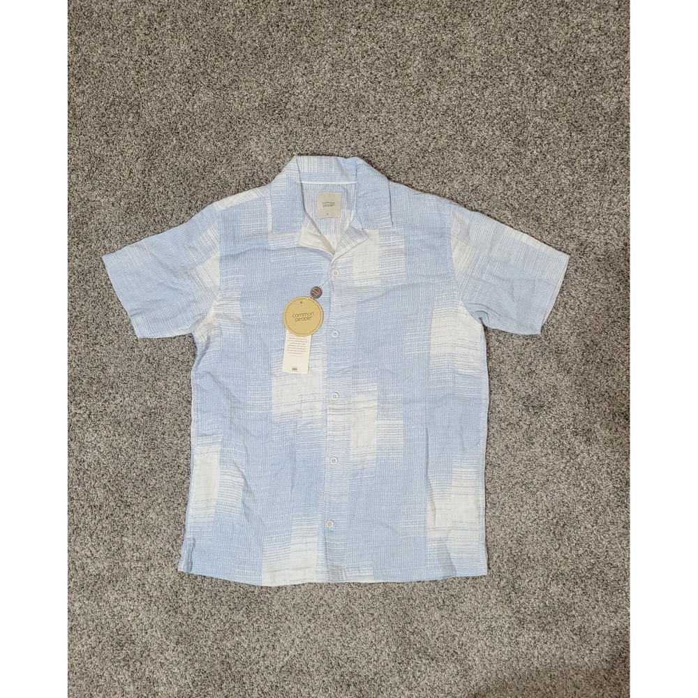 Common People Mens Small Weaver Blue White 98% Cotton Short Sleeve Button Shirt